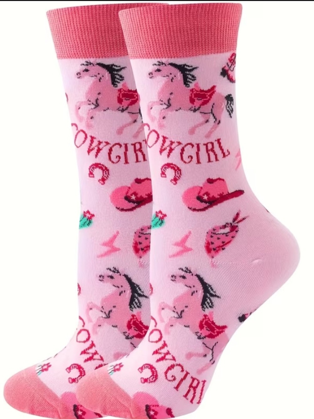 WESTERN Cowgirl Pink Pattern Crew Socks with Western Motifs